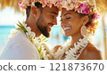 Couple dancing a heartfelt Polynesian love dance on the shore at sunset, surrounded by tropical beauty. 121873670