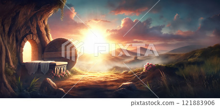 Oil painting illustration of resurrection of Jesus Christ with empty tomb and sunbeam. Christianity. Panorama 121883906