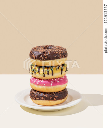 Stack of glazed donuts with different toppings on white plate on beige and white background. 121913337