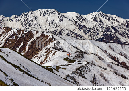 Taneike Sanso and the Tateyama mountain range seen from the middle peak of Mount Jigatake in the Northern Alps 121929353