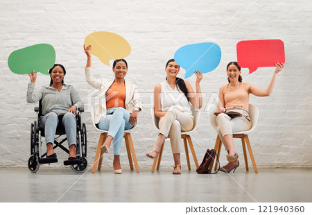 Blank copyspace and speech bubble for a social media post, communication and talking in the hands of business women sitting in studio. Card or board for text, speech or marketing and advertising 121940360