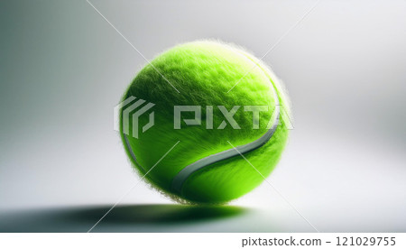 A tennis ball with a fuzzy green surface sits on a white background 121029755