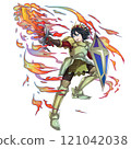 Male hero in action pose brandishing a sword, black hair, with flame effect 121042038