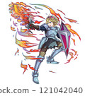 Male hero in action pose brandishing a sword, blonde, with flame effect 121042040