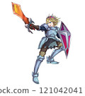 Blonde male hero in action pose brandishing a sword 121042041