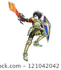 Male hero in action pose brandishing a sword, black hair 121042042