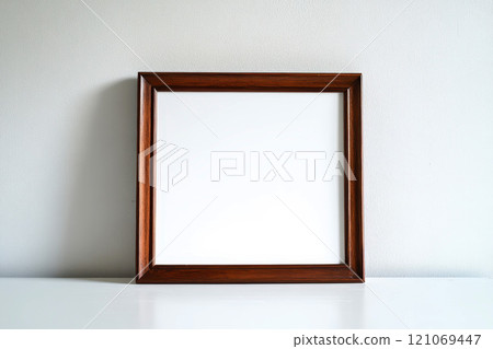 a mockup of a blank wooden picture frame on a wooden floor leaning against a white wall - art mock-up template 121069447