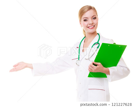 Woman doctor in lab coat with stethoscope. Medical 121227628