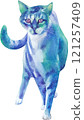 A turquoise and blue watercolor stray cat defiantly walking toward 121257409