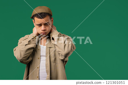 Worried man doing panic despair gesture, like no, I forgot. Disappointed guy feeling sorrow 121301051