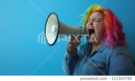 Empowered woman yelling through megaphone urban studio portrait colorful background strong expression social activism 121303799