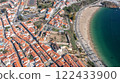 Aerial panorama of the city of Sines, Setubal Alentejo Portugal Europe. Aerial top view of the old town fishing port, historic castle and beach  122433900