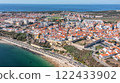 Aerial panorama of city of Sines, Alentejo Portugal Europe. Aerial view of old fishing port, historic center and castle.  122433902