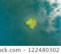 Aerial perspective reveals a small, lush grassy island isolated in the middle of a tranquil blue body of water, highlighting its serene beauty against a backdrop of soft clouds. 122480302