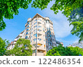 A residential block of flats in Belgrade, Serbia is framed by green trees and a bright blue sky. The architectural design features rounded edges, providing a unique look to the area. 122486354