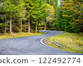 A winding road meanders through a dense forest, showcasing vibrant autumn foliage. Sunlight filters through the trees, creating a serene atmosphere. 122492774