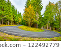 A picturesque road gently curves through vibrant green trees and colorful foliage, inviting travelers to explore the serene beauty of nature. The tranquil setting captures autumn's charm. 122492779