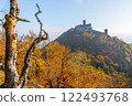 Bezdez Castle stands proudly atop a hill, surrounded by vibrant autumn foliage. The Gothic architecture contrasts beautifully with colorful trees, capturing the essence of a serene fall day. 122493768