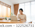 Young Asian woman happy positive cute beautiful business woman sit indoors in living room 122526731