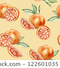 Grapefruits whole and segments by watercolor on repeated pattern isolated. Red oranges and leaves hand drawn. Juicy summer seamless background with citrus in botanical style for packaging, textile. 122601035