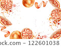 Juicy oranges border and watercolor splash painted on isolated background. Ripe grapefruits illustration botanical sketch. Segments fruits and citrus spiral on juice drops hand drawn for bright frame. 122601038