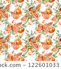 Grapefruits whole and slice, foliage and citrus peel twist watercolor seamless pattern isolated. Juicy summer repeated background. Red orange ripe, leaves hand drawn for design textile, wallpaper. 122601033