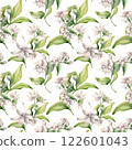 White jasmine bunch, buds, leaves watercolor seamless pattern isolated. Botanical repeated background of pink flowers hand drawn in soft colors. Floral delicate texture for design textile, wrapping. 122601043