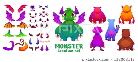 Cartoon monster creation kit, funny evil character constructor featuring body parts, includes eyes, wings, tails and horns, facial expressions and figure shapes to create unique and playful monster 122008112