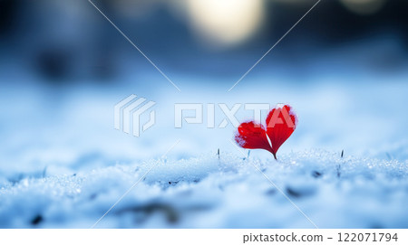 Valentine Day background with red shaped plant on snowy ground. 122071794