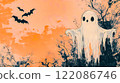 Cute funny ghost, phantom dressed in white sheet flying in the air on an orange background. Halloween banner with space for text. October 31 backdrop. 122086746