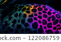 Leopard skin texture with multicolored neon spots on the body. Wild animal fur artistic wallpaper. Cheetah wild cat body. Colorful gradient pattern. 122086759