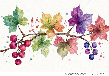 Illustration of a vine with leaves and bunches, beautiful watercolor 122087549