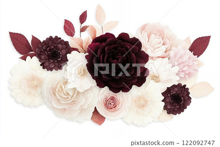 Elegant Burgundy and Blush Paper Flowers Bouquet Arrangement dahlias gerbera peonies close-up 122092747