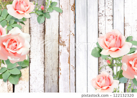 Pink roses on old wooden boards. Valentine's day horizontal banner with a romantic and vintage touch. Mother's day background with roses to express love, gratitude. Copy space for text 122132320