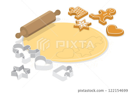 3D Isometric Flat  Illustration of Sweet Pastry, Dough, Wooden Rolling Pin, and Cookie Cutters 122154699