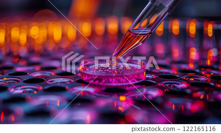 Pipette adding liquid to petri dish with colorful background 122165116