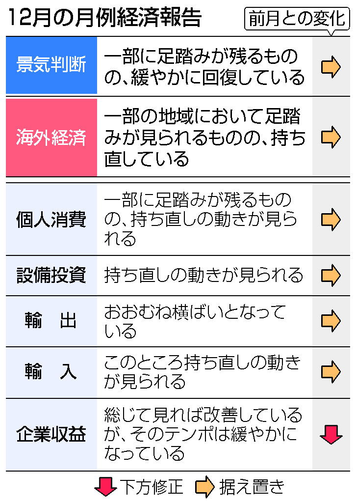 企業収益、改善が鈍化＝景気判断は据え置き―１２月経済報告