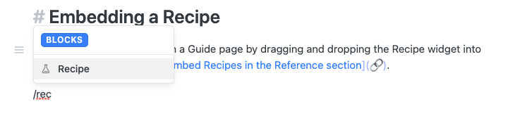 Select the Recipe block from the Blocks Menu