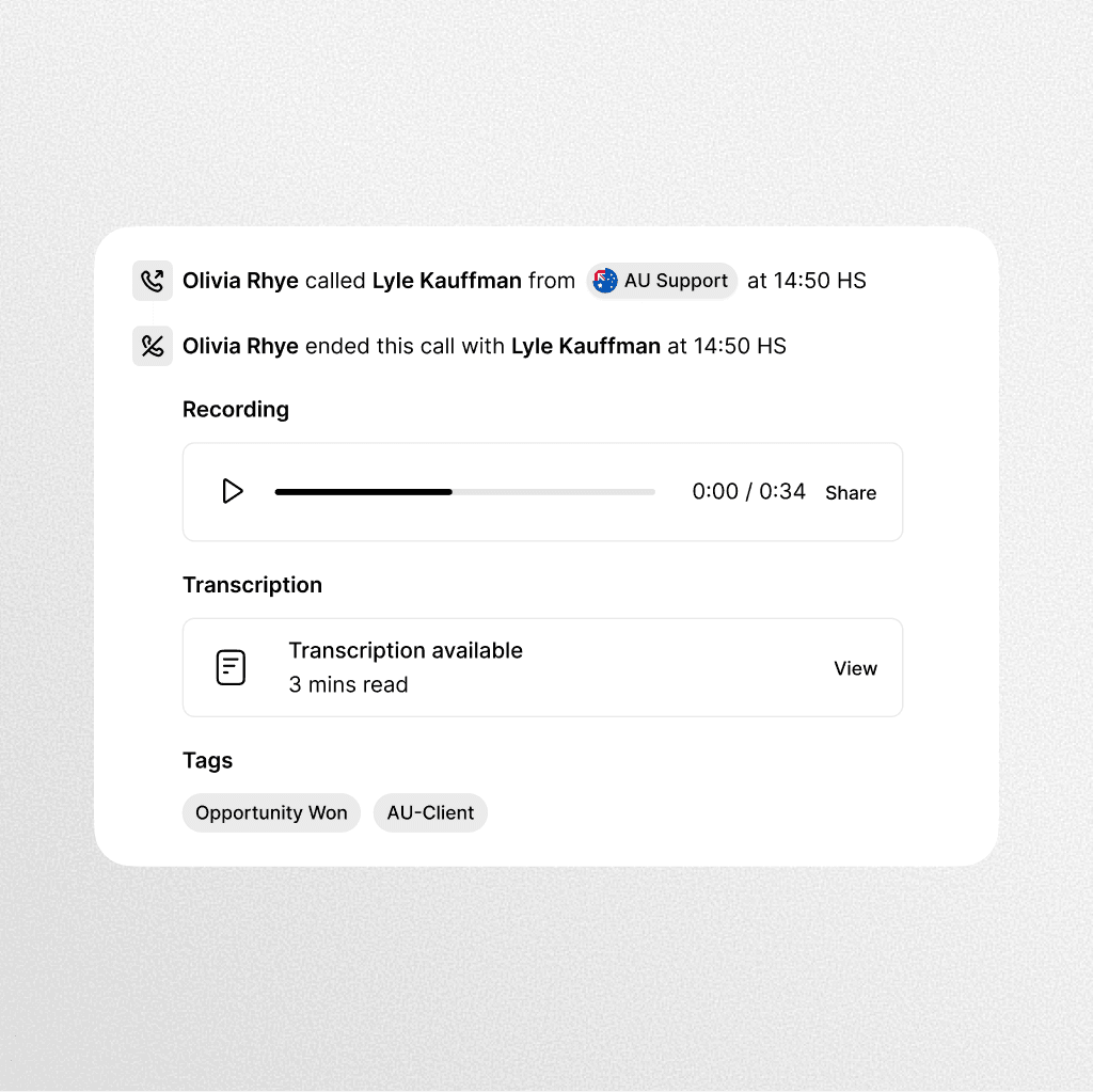 Interface du journal d'appels affichant les détails d'un appel avec Lyle Kauffman, y compris un enregistrement, une transcription et des tags connexes comme "Opportunity Won."