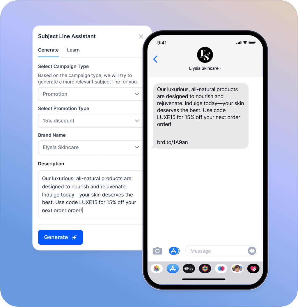 SMS message editor interface with a subject line assistant for Elysia Skincare, offering a 15% discount promotion. Features customizable SMS content and AI-generated suggestions for personalized promotions, with a direct link to apply the discount.