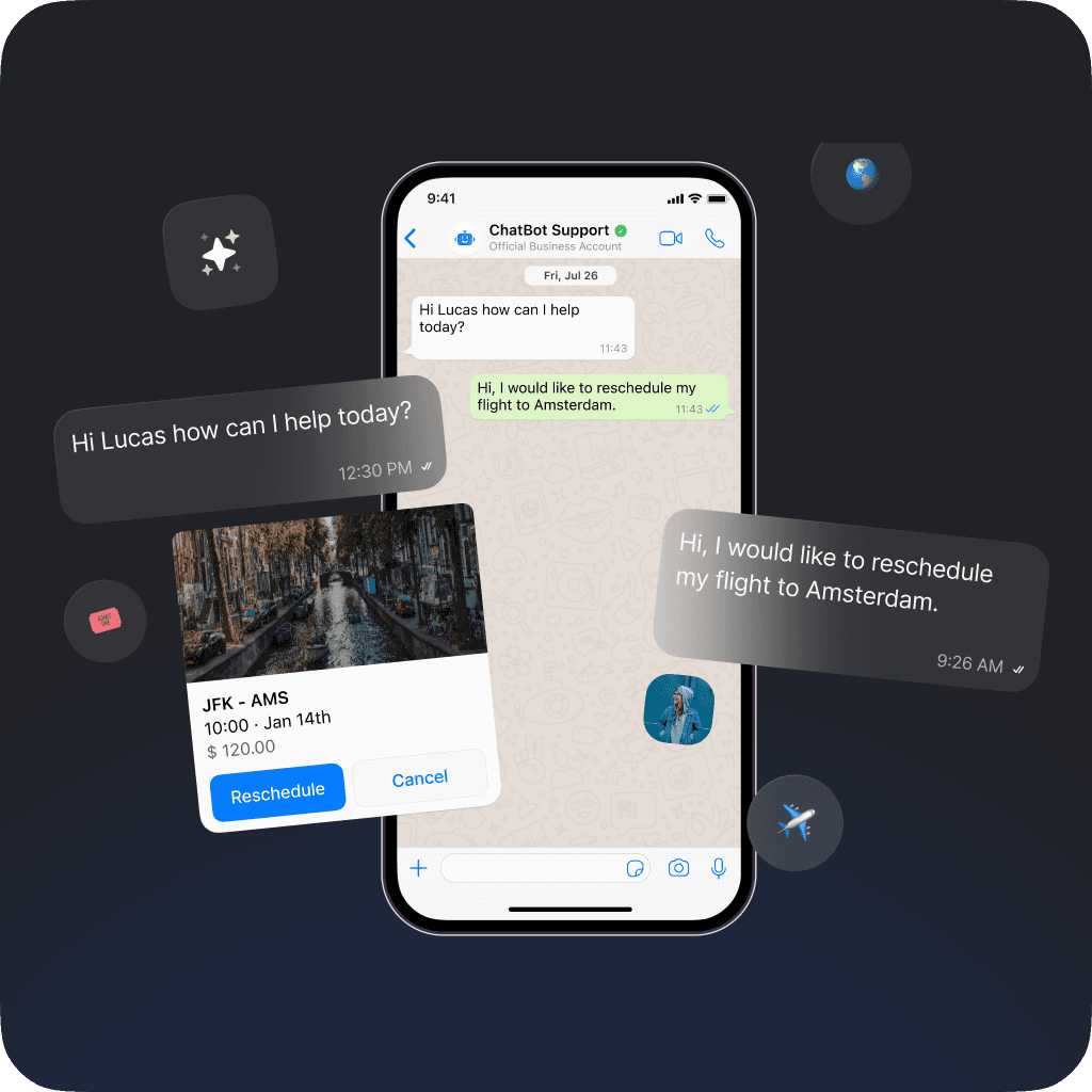 Conversation avec le support par chatbot sur WhatsApp, reprogrammant un vol vers Amsterdam avec une assistance personnalisée, y compris les détails du vol et une option de reprogrammation.