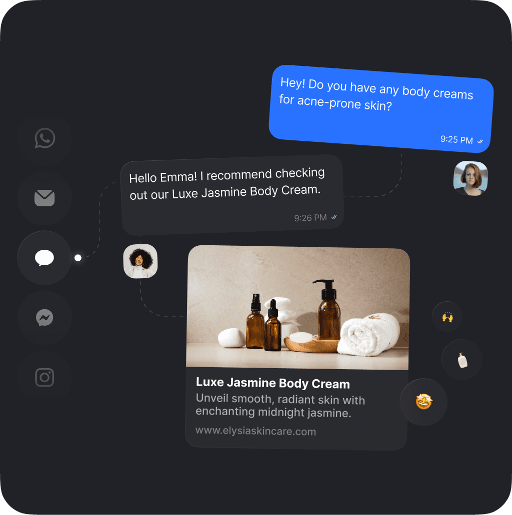 AI suggests body cream to customer for acne-prone skin, demonstrating proactive engagement on social platforms.