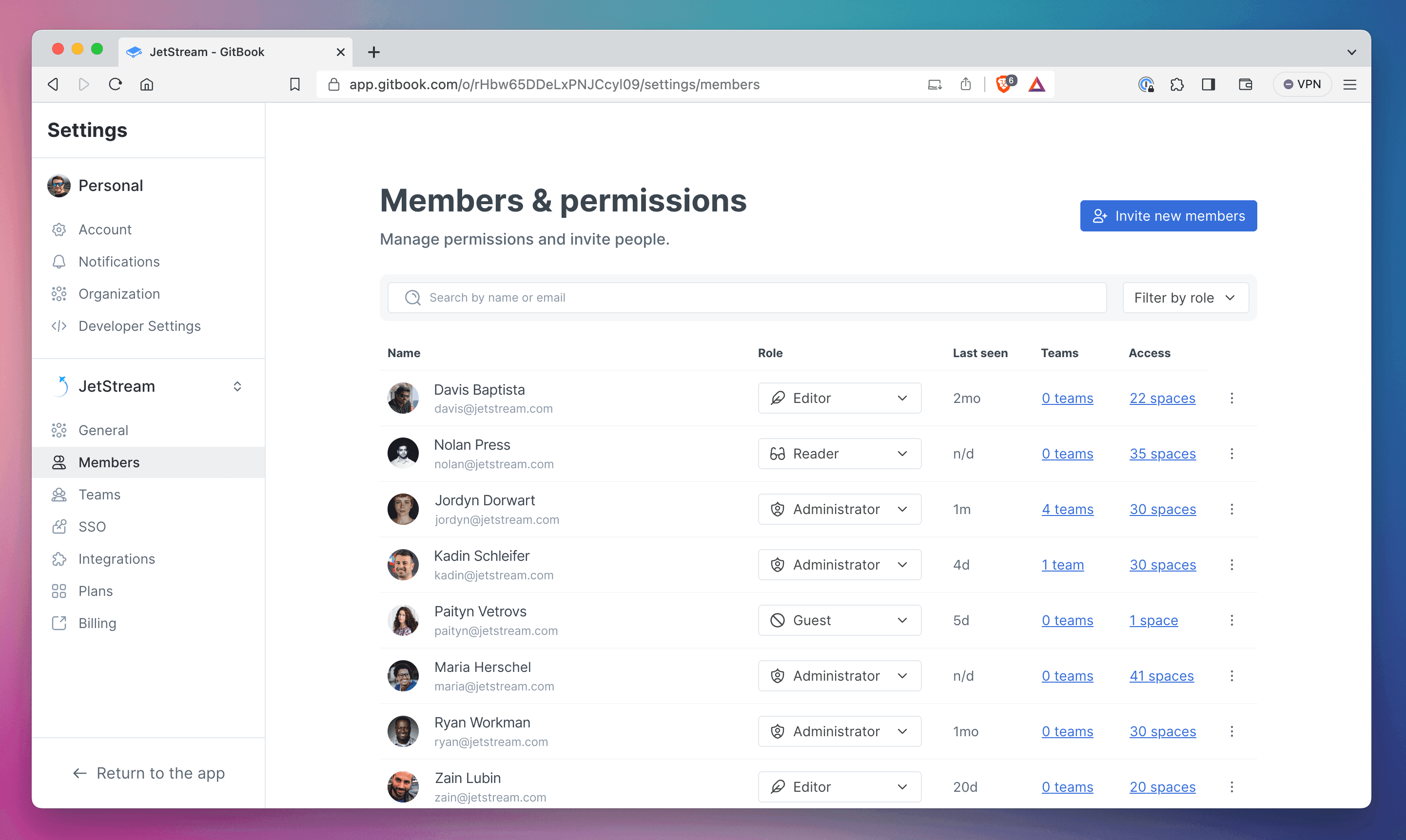 A screenshot of the Members and Permissions section of GitBook’s organization settings. It shows a list of members with information next to each name