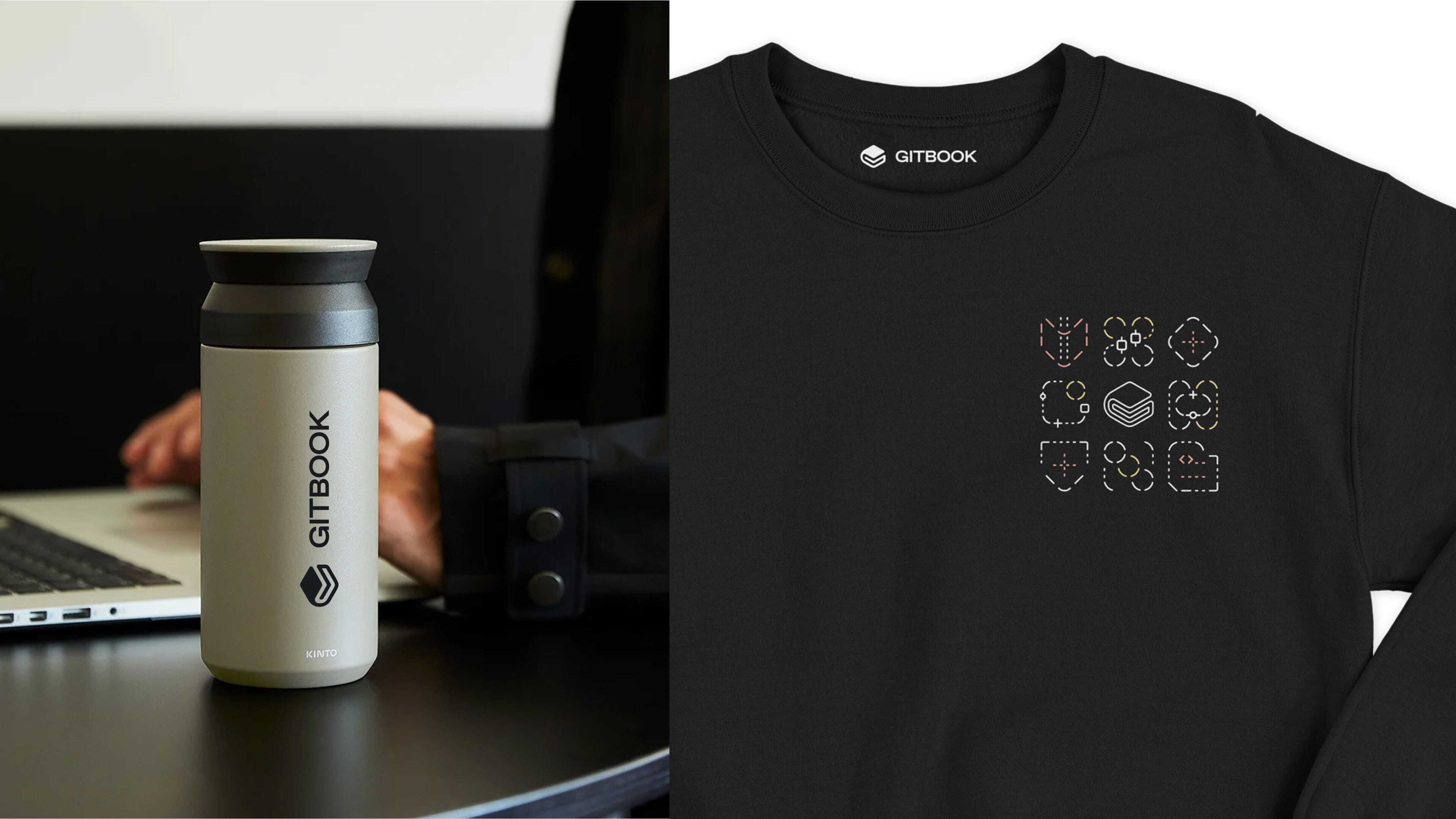 Photographs of two pieces of GitBook-branded mechandise — a cream-colored tumbler bottle and a black sweatshirt with nine icons on the breast