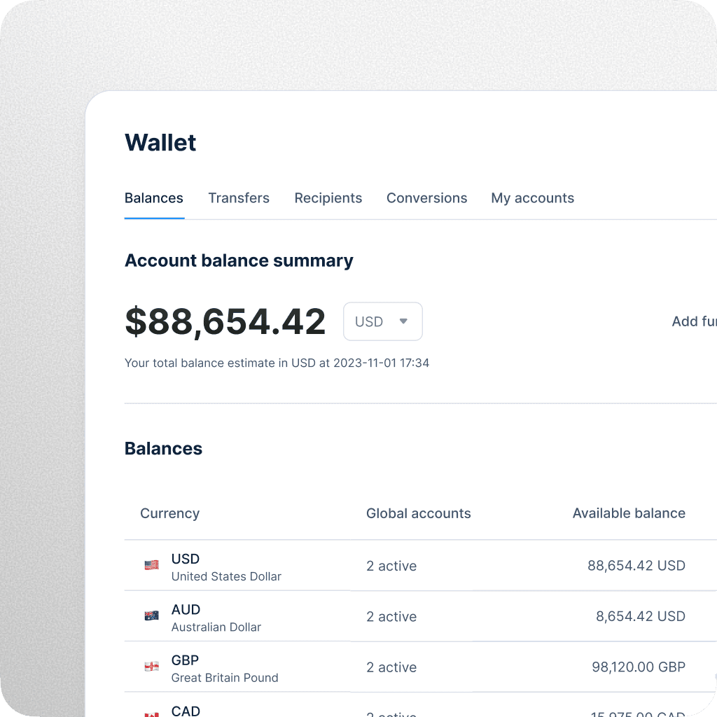 UI of wallet managing payments across various world currencies