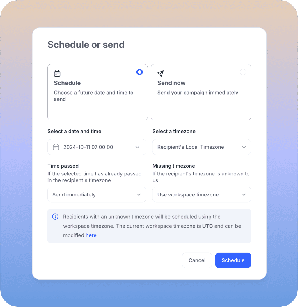 User interface for scheduling email campaigns, allowing selection of a future date, time, recipient’s timezone, and options for immediate or scheduled sending.