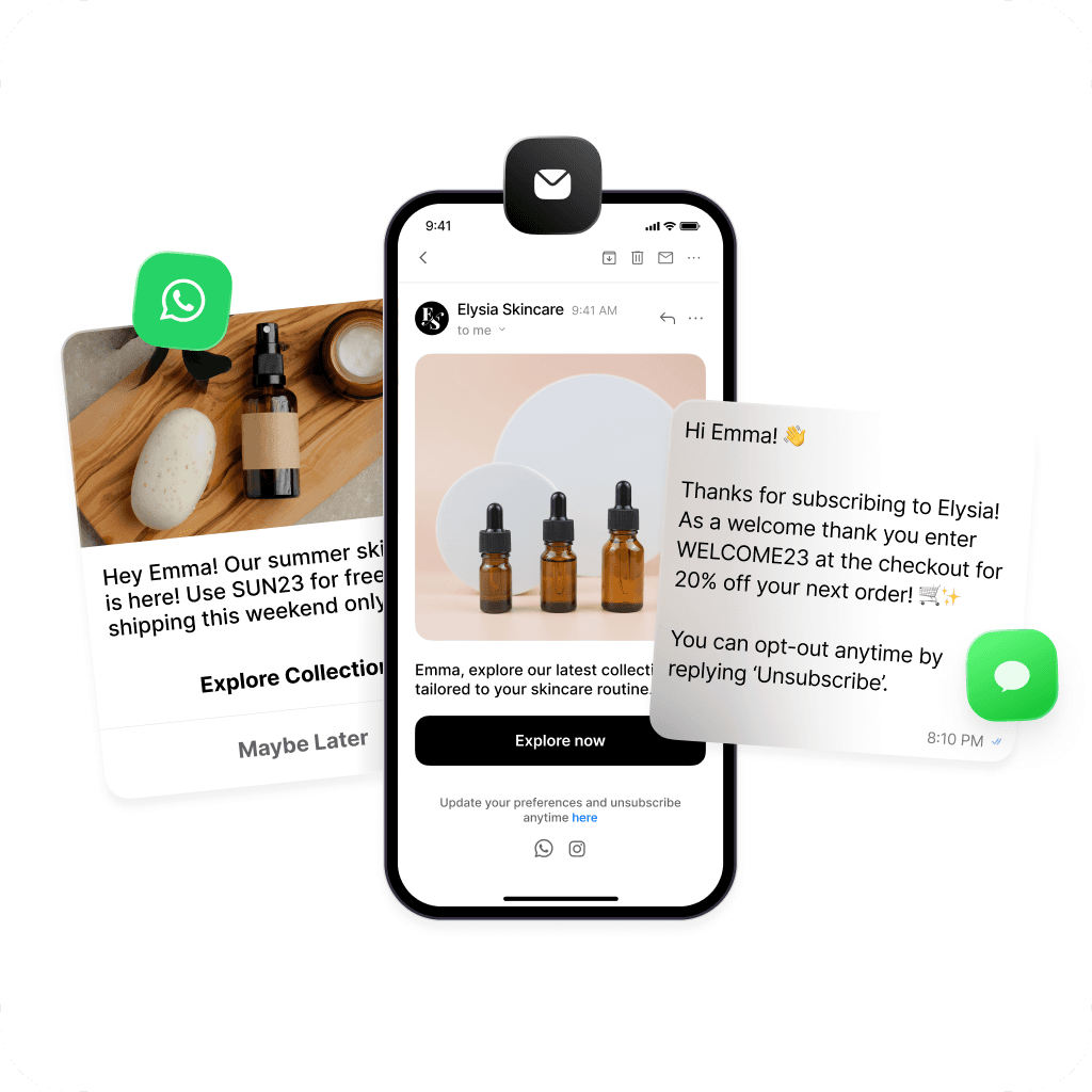 phone and ui elements of the channels whatsapp, email, and sms showing marketing campaigns + customer engagement