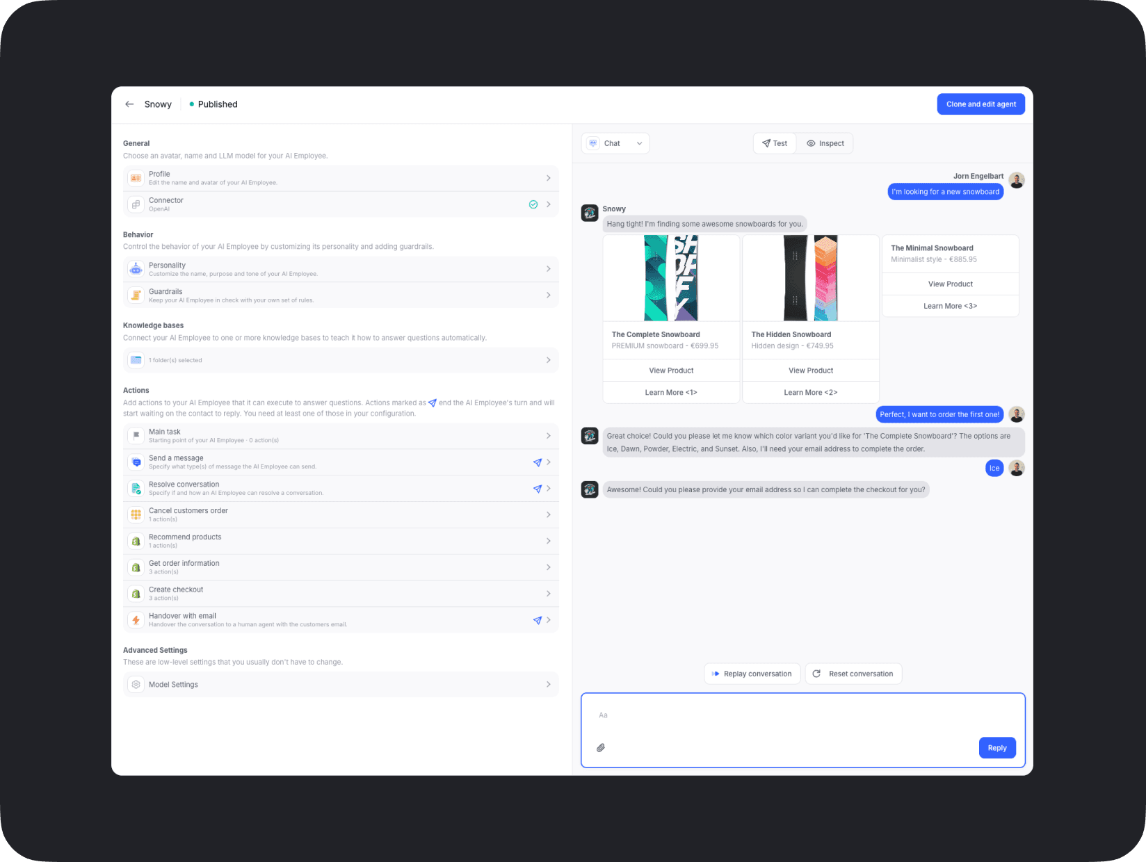 Interface employé IA gérant un chat automatisé pour aider à la sélection de produits de snowboard et au passage en caisse. Comprend des actions telles que recommander des produits, collecter des informations sur les clients et finaliser le passage en caisse.