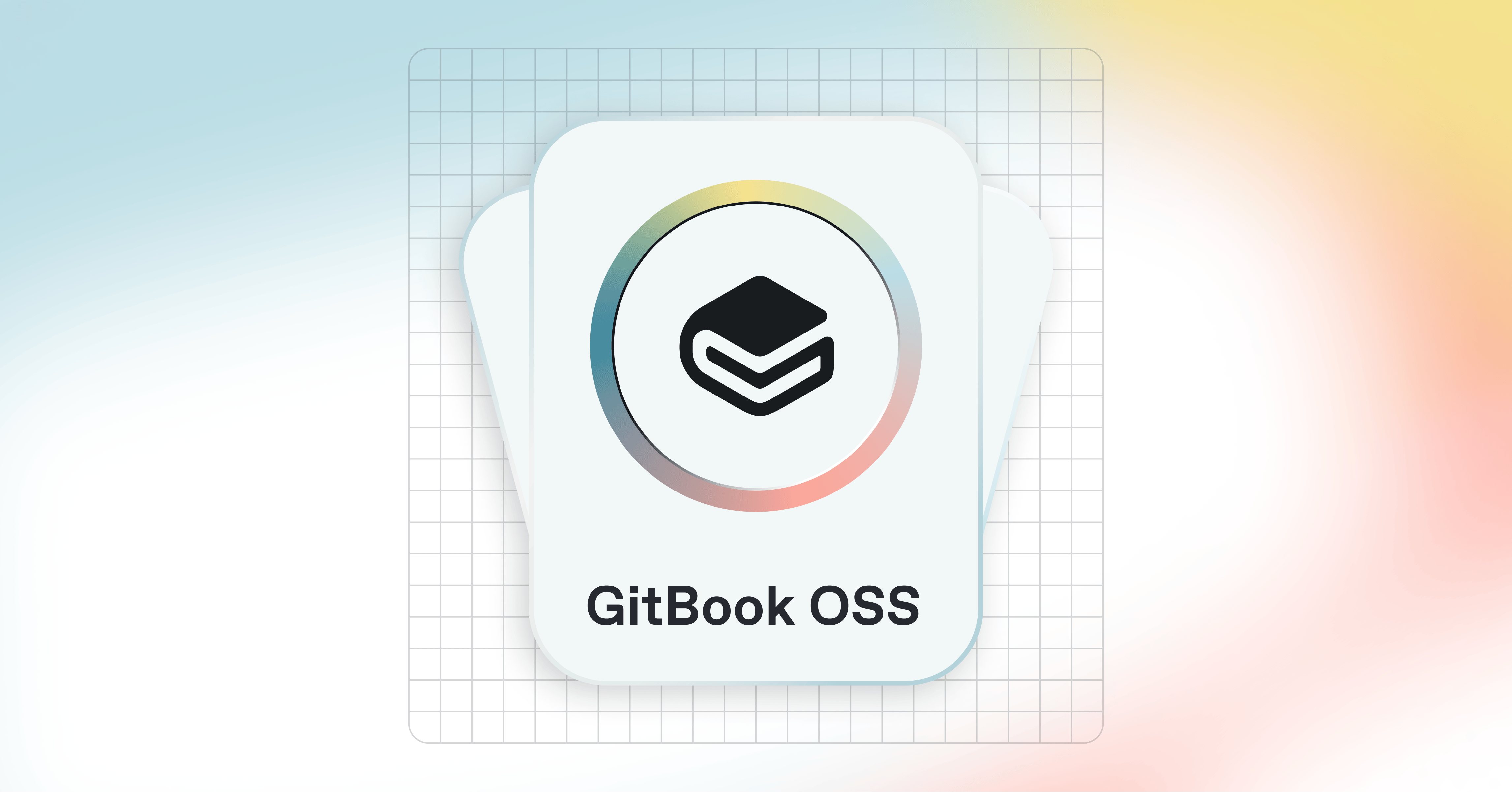 Three white cards fanned out in the centre of the image. The top card has the GitBook logo with the words 'GitBook OSS' below it. The cards sit on a colourful background