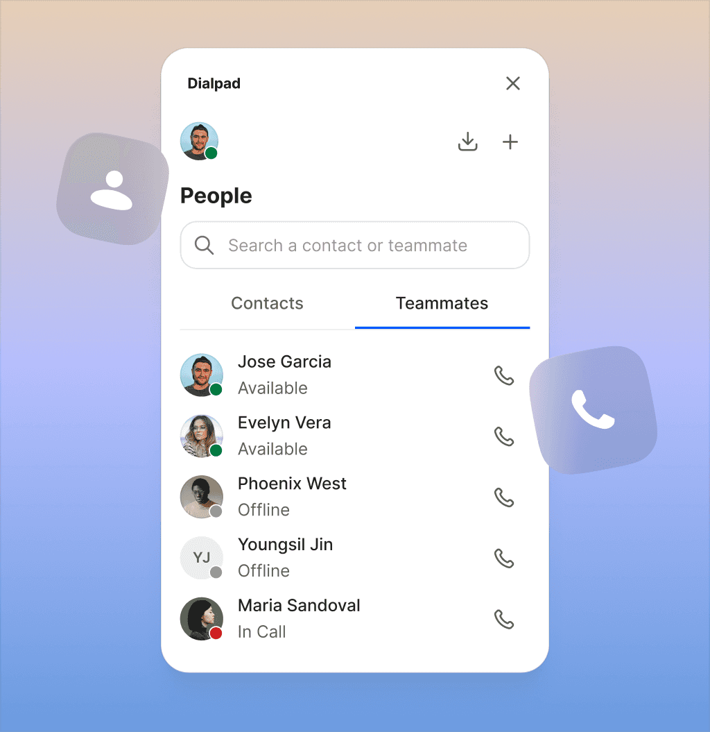 Interface utilisateur d'une liste de contacts affichant les coéquipiers avec leur statut de disponibilité, des boutons d'appel à côté de leurs noms, et une fonctionnalité de recherche pour les contacts.